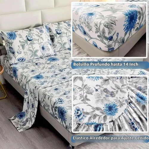 Vista 3 de SDIII Sábana bajera ajustable azul floral individual con 2 fundas de almohada, no incluye sábana encimera, microfibra suave azul vintage, sábanas