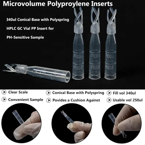 Vista 6 de Insertos de polipropileno microvolumen 340ul base cónica con Polyspring HPLC GC Vial PP Inserto para muestra sensible a PH, paquete de 100