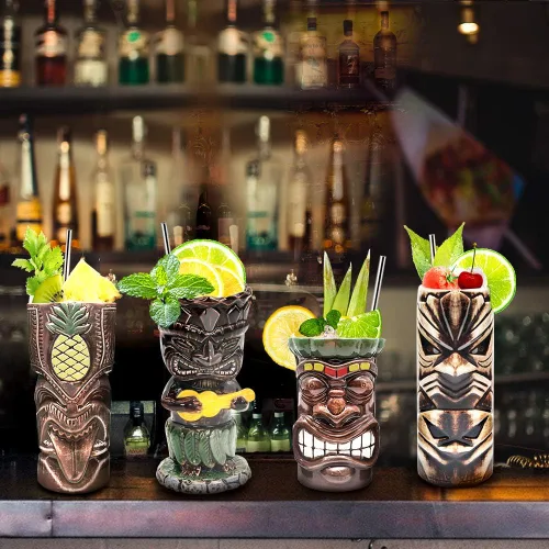 Vista 7 de SuproBarware Tiki - Juego de 4 tazas de cerámica hawaiana para fiesta, tazas grandes de fiesta Tiki para cócteles, bebidas tropicales de bar