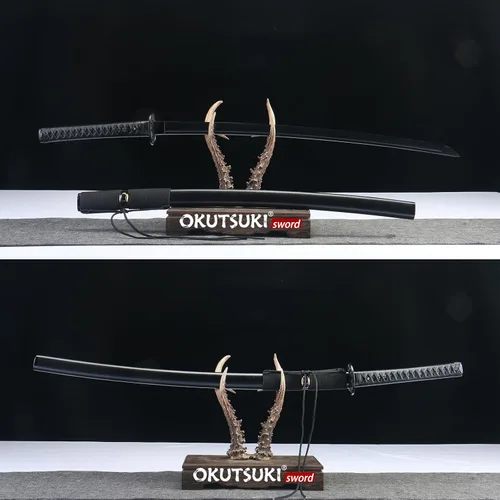 Vista 2 de Katana samurái negra espada japonesa de 41 pulgadas, afilada hecha a mano, acero de alto carbono, espiga completa