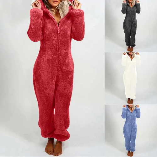 Vista 6 de Adult Onesie For Women Fuzzy Fleece One Piece Zipper Pajamas Plus Size Winter Loungewear Solid Jumpsuit With Ear Hood