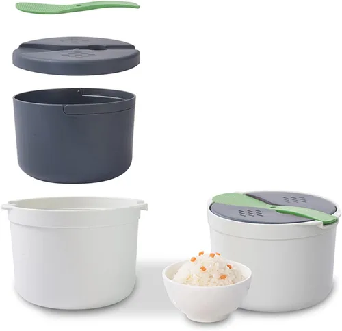 Vista 3 de Olla arrocera para microondas, vaporera para microondas, olla para pasta, 2 L, juego de arrocera para microondas, pasta, papa, verduras, quinua