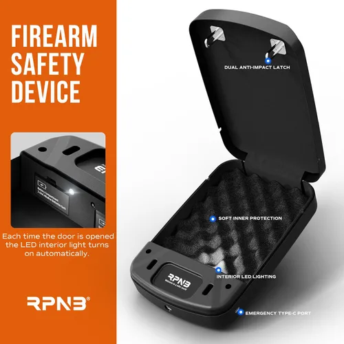 Vista 3 de RPNB Caja fuerte para armas, caja fuerte biométrica para pistola, caja fuerte para pistola para mesita de noche con huella digital biométrica, panel