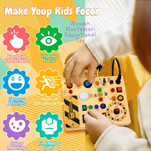 Vista 5 de Tablero de actividades con interruptores de luz LED, juguetes Montessori para niños de 1, 2, 3 años, tablero de actividades sensoriales de madera