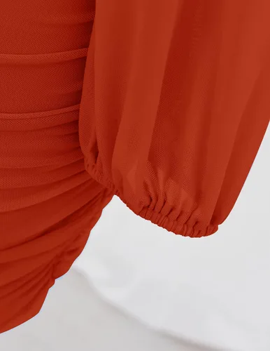 Vista 6 de ZESICA Vestido corto sexy con cuello en V y fruncido para mujer, manga larga, cóctel, boda, fiesta