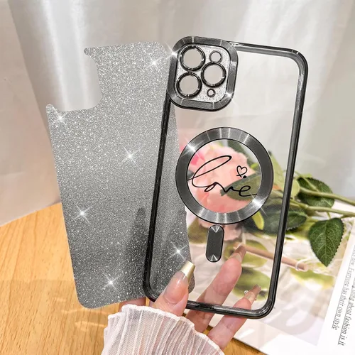 Vista 3 de Fiyart - Funda transparente magnética con purpurina para iPhone 11 Pro Max para mujeres, con grabado "Love" metálico, protección para cámara