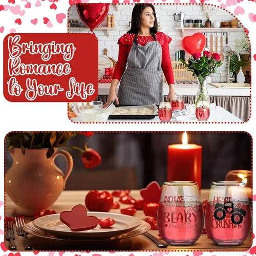 Vista 6 de Nitial 8 vasos de vino sin tallo de San Valentín de 12 onzas, vasos de chupito de amor con corazón, vasos románticos rojos y rosados, regalo