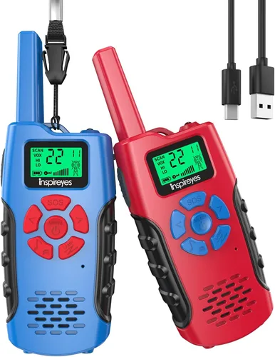 Vista 9 de Inspireyes Walkie Talkies para niños recargables, juguetes para niños y niñas de 3 a 12 años, paquete de 2 radios bidireccionales de largo alcance
