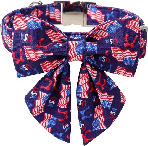 Vista 11 de Maca Bates - Collar de perro con bandera estadounidense del 4 de julio con pajarita para perros, corbatín de 4 de 7 banderas, azul, ajustable