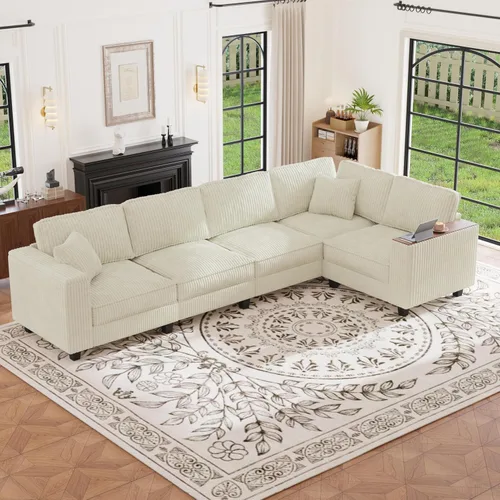 Vista 29 de Sofá seccional modular de 97 pulgadas con 5 asientos, sofá cómodo convertible en forma de L con almacenamiento en reposabrazos y dos almohadas