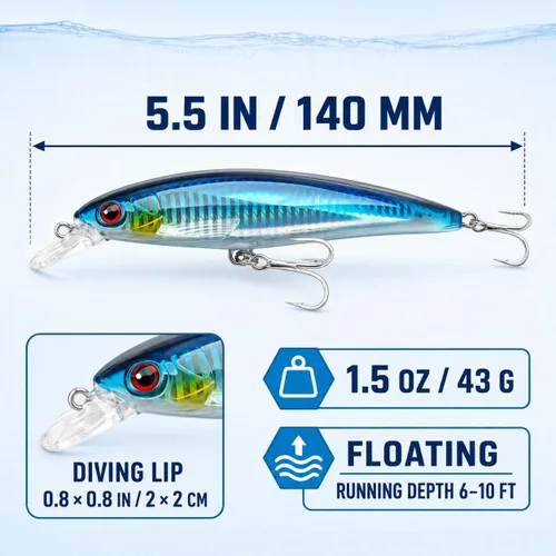 Vista 2 de Saltwater Trolling Lures, Floating Diving Minnow Baits
