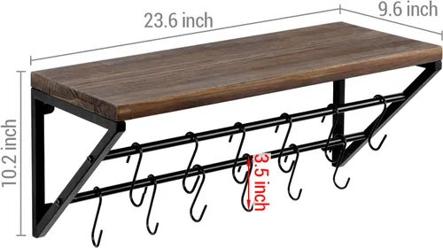 Vista 5 de MyGift Urban Industrial - Estante flotante de cocina de madera maciza quemada con soportes de metal negro para ollas y sartenes con 12 ganchos en S