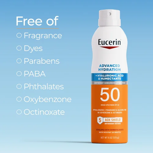 Vista 6 de Eucerin Advanced Hydration Sunscreen Spray, SPF 50, 6 OZ Lightweight Spray Sunscreen SPF 50 with Hyaluronic Acid and Humectants, Hypoallergenic