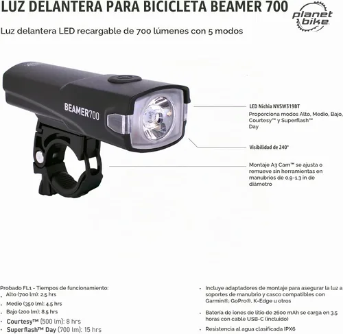Vista 3 de Planet Bike Beamer 700 - Faro delantero para bicicleta