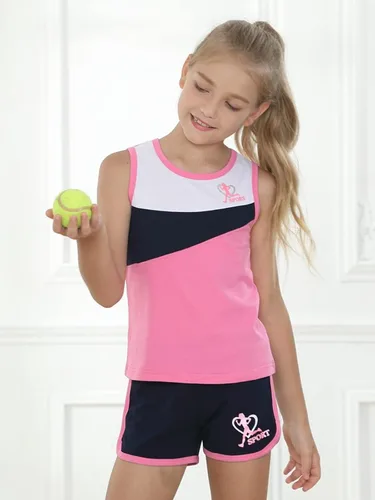 Vista 2 de nomachalt Girls Summer Shorts Sets Kids 2 Piece Outfits Clothes Tennis Running Tank Top Shirts Dolphin Shorts