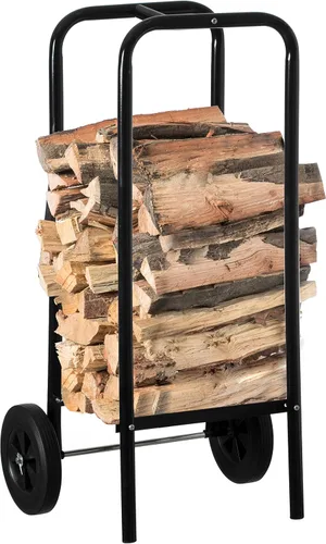 Vista 10 de Carrito de leña para patio interior y exterior, con ruedas y juego de herramientas para chimenea, color negro