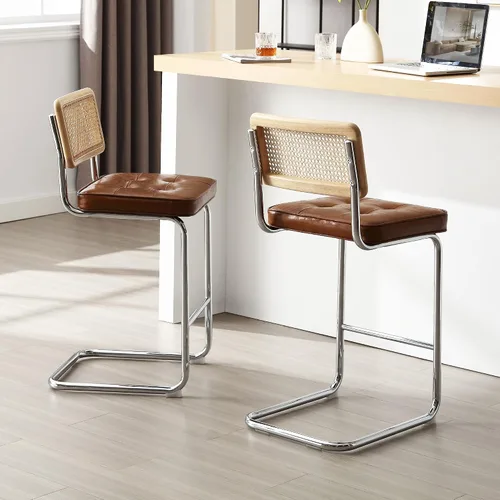 Vista 6 de ONEVOG Juego de 3 taburetes de bar de 26 pulgadas de altura de mostrador para cocina, modernas sillas tapizadas de ratán de mediados de siglo