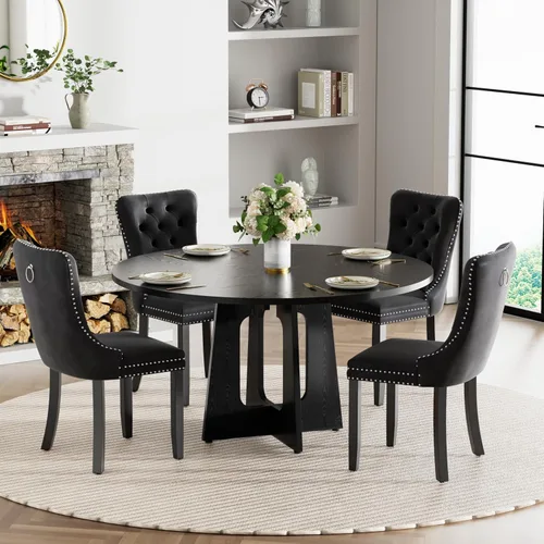 Vista 33 de Mesa de comedor redonda estilo granja para 6, mesa de cocina circular de 47" MDF con acabado de grano de madera, mesa de cocina y comedor de madera