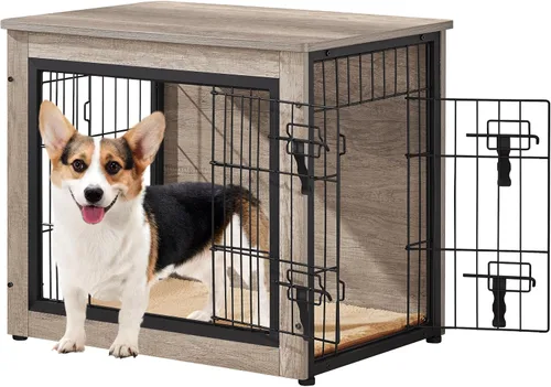 Vista 12 de Yaheetech 32" Mesa auxiliar de jaula para perros con cojín, jaula de madera para perros con puertas dobles/pies ajustables, mesa auxiliar lateral