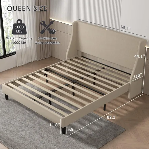 Vista 2 de VECELO Base de cama Queen con cabecera tapizada con respaldo alado, base de cama de plataforma resistente con estación de carga y bolsillos Beige