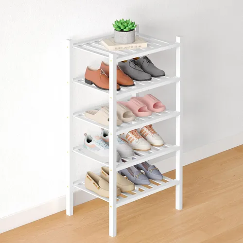 Vista 31 de Smiry Zapatero de bambú para armario, organizador de zapatos de madera de 3 niveles, estante apilable de almacenamiento de zapatos de madera