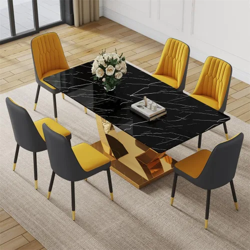 Vista 23 de Juego de mesa de comedor negra para 4, 63 x 35.4 x 30 pulgadas, mesa de comedor moderna rectangular con patas y base de acero inoxidable, sillas