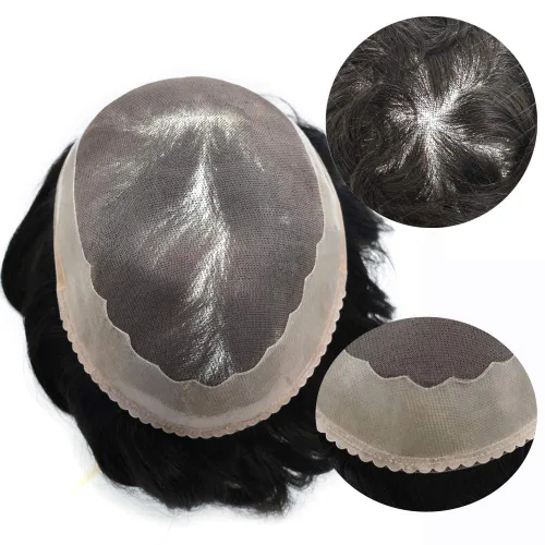 Vista 4 de Toupee - Sistema de reemplazo de cabello humano Remy europeo para hombre, tupé duradero fino mono con revestimiento de poliéster