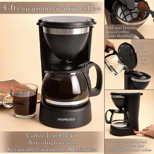 Vista 4 de Mixpresso Cafetera de Goteo de Café (6 Tazas), Negro Glass Carafe Coffee Machine with Auto-Off, Anti-Drip, Water Window and Easy On/Off Switch for