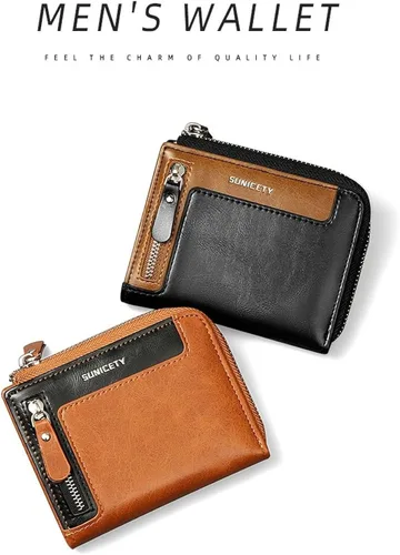 Vista 5 de Cartera de cuero a la moda corta con cremallera RFID función multitarjeta, cartera RFID para hombres, Marrón