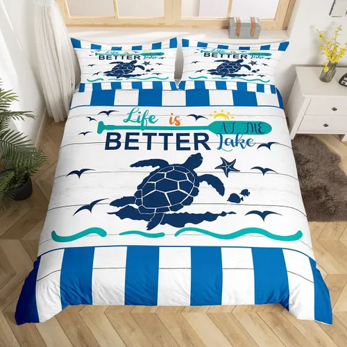 Vista 10 de Erosebridal Funda de edredón náutica para niños y niñas, juego de ropa de cama azul y blanco oceánico, funda de edredón de tabla de surf Hawaii