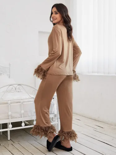 Vista 2 de WDIRARA Conjunto de pijama de 2 piezas con botones de manga larga y pantalones para mujer