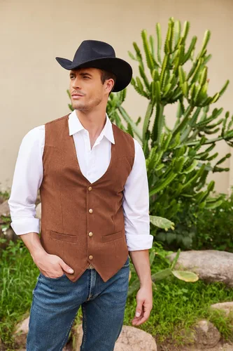 Vista 3 de COOFANDY Chaleco de traje de cuero de gamuza para hombre, chaleco occidental casual, chaleco ajustado