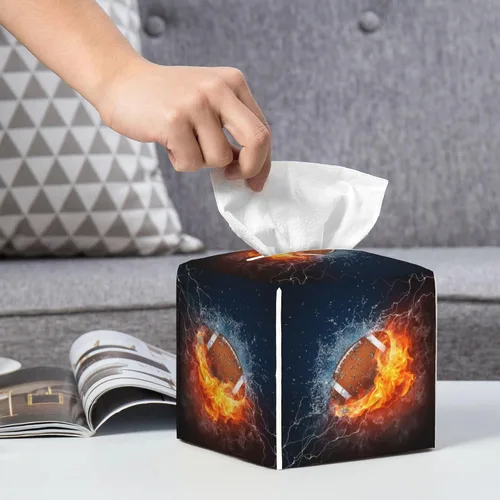 Vista 6 de Caja de pañuelos de fútbol americano en fuego y agua, soporte de caja de pañuelos de cuero, organizador de papel facial cuadrado, dispensador