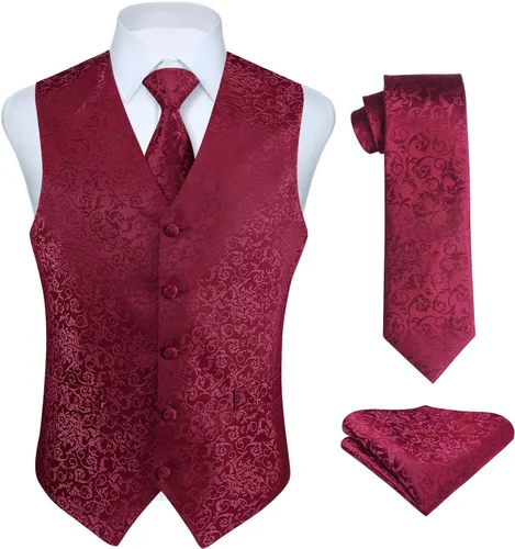 Vista 26 de HISDERN Conjunto de 3 piezas de chaleco formal para hombre, chaleco formal de cachemira floral jacquard corbata bolsillo cuadrado chalecos