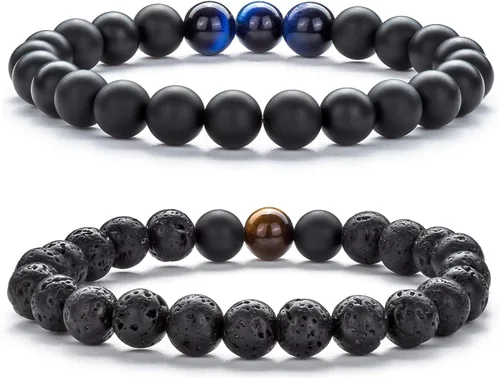 Vista 10 de Pulsera elástica Hamoery con cuentas naturales de ojo de tigre de 8 mm, para mujer y hombre Juego de 2 piezas 1-21018