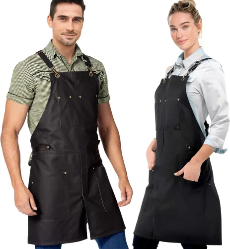 Vista 6 de Under NY Sky Delantal de cuero – correas cruzadas, pierna dividida, remachado, forrado – Piel auténtica para barberos, chef, camarero, barista Negro