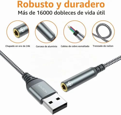 Vista 5 de Adaptador de USB a conector de audio de 3.5mm, convertidor de tarjeta de sonido externa compatible con auriculares, PC, portátil, Mac, computadoras