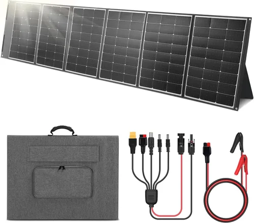 Vista 8 de Kit de panel solar plegable portátil de 200 W, cargador solar flexible de alta eficiencia con tasa de conversión del 24%, con soporte y controlador