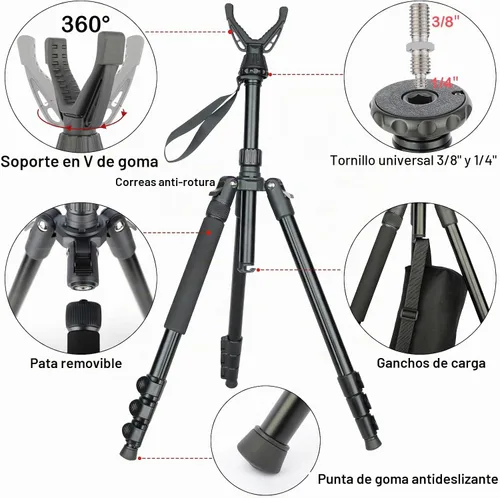 Vista 4 de Trípode de disparo ajustable para rifles, bastón de disparo con bloqueo de nivel, trípode monópode bípode 3 en 1, altura de 22.8″-61″, aleación