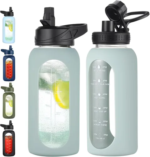 Vista 16 de EALGRO Botella de agua de vidrio de 32 onzas con popote y asa, frasco de agua motivacional deportivo con funda de silicona, taza grande a prueba