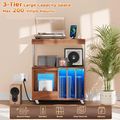 Vista 7 de Soporte grande para tocadiscos con puerta corredera y ruedas, armario de almacenamiento de discos de vinilo de 200 grados, mesa de tocadiscos
