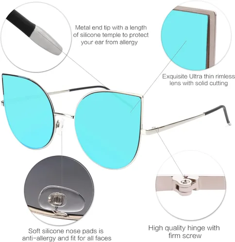 Vista 4 de SojoS SJ1022 anteojos de sol con lentes lisos y espejados con forma de ojos de gato, con marco de metal liviano y ultradelgado, para mujer