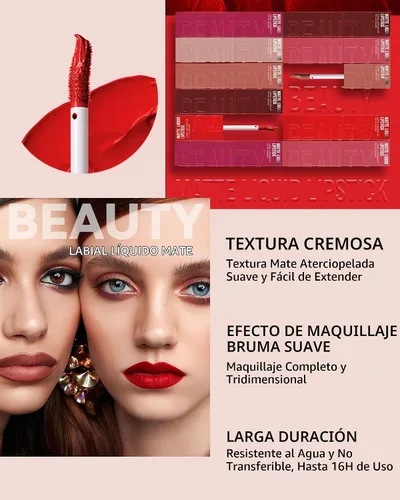 Vista 3 de Lápiz labial líquido mate para mujeres - 2 unidades, rosa nude y rojo vino, tinte labial altamente pigmentado, brillo labial mate aterciopelado