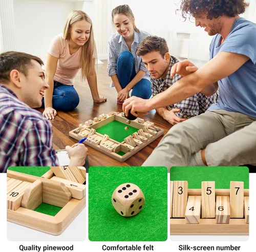 Vista 3 de Ropoda Juego de madera para cerrar la caja (2-4 jugadores), tablero grande de 4 lados, 8 dados, reglas, divertido juego de adición para niños