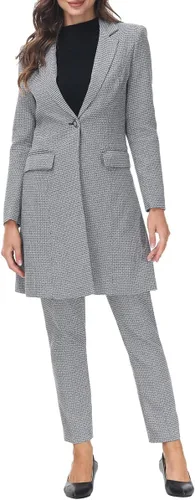 Vista 5 de Conjunto de 2 piezas de blazer largo con pantalones para mujer, a cuadros, elegante, para oficina casual de negocios Gris