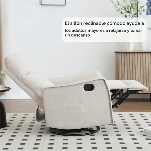 Vista 7 de Silla reclinable giratoria, sillón giratorio para sala de estar, silla reclinable deslizante con calor y masaje, color beige