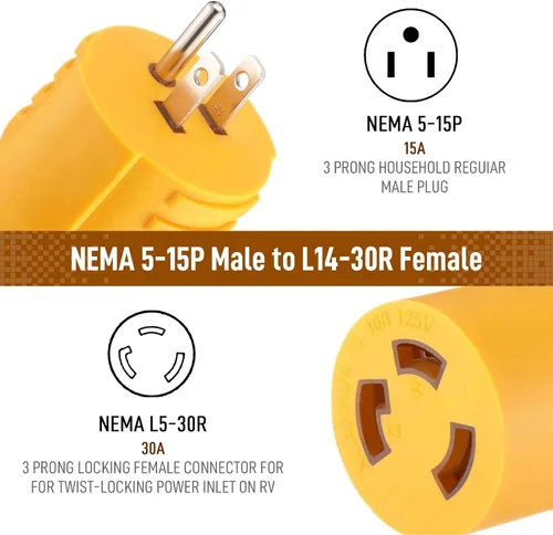 Vista 2 de Adaptador de corriente de 30 A a 15 A RV NEMA 5-15P a L5-30R, convertidor de bloqueo giratorio de 110 V para RV, cámper, camioneta, remolque