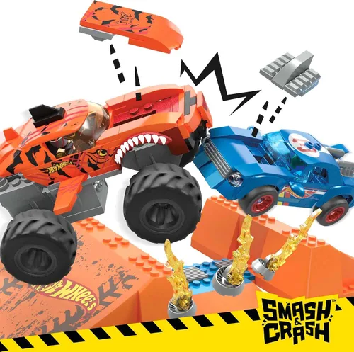Vista 3 de MEGA Hot Wheels Monster Trucks - Juego de construcción de juguete Smash & Crash Tiger Shark Chomp Course con 245 piezas, 2 microfiguras, naranja