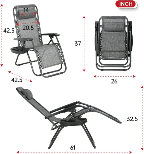 Vista 3 de PayLessHere Juego de 2 sillas plegables ajustables de gravedad cero, silla de playa de textileno con almohada extraíble y soporte para tazas