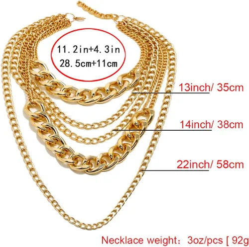 Vista 3 de CIBIRICH Collar grueso de cadena punk para mujer, collar multicapa dorado, Aleación.